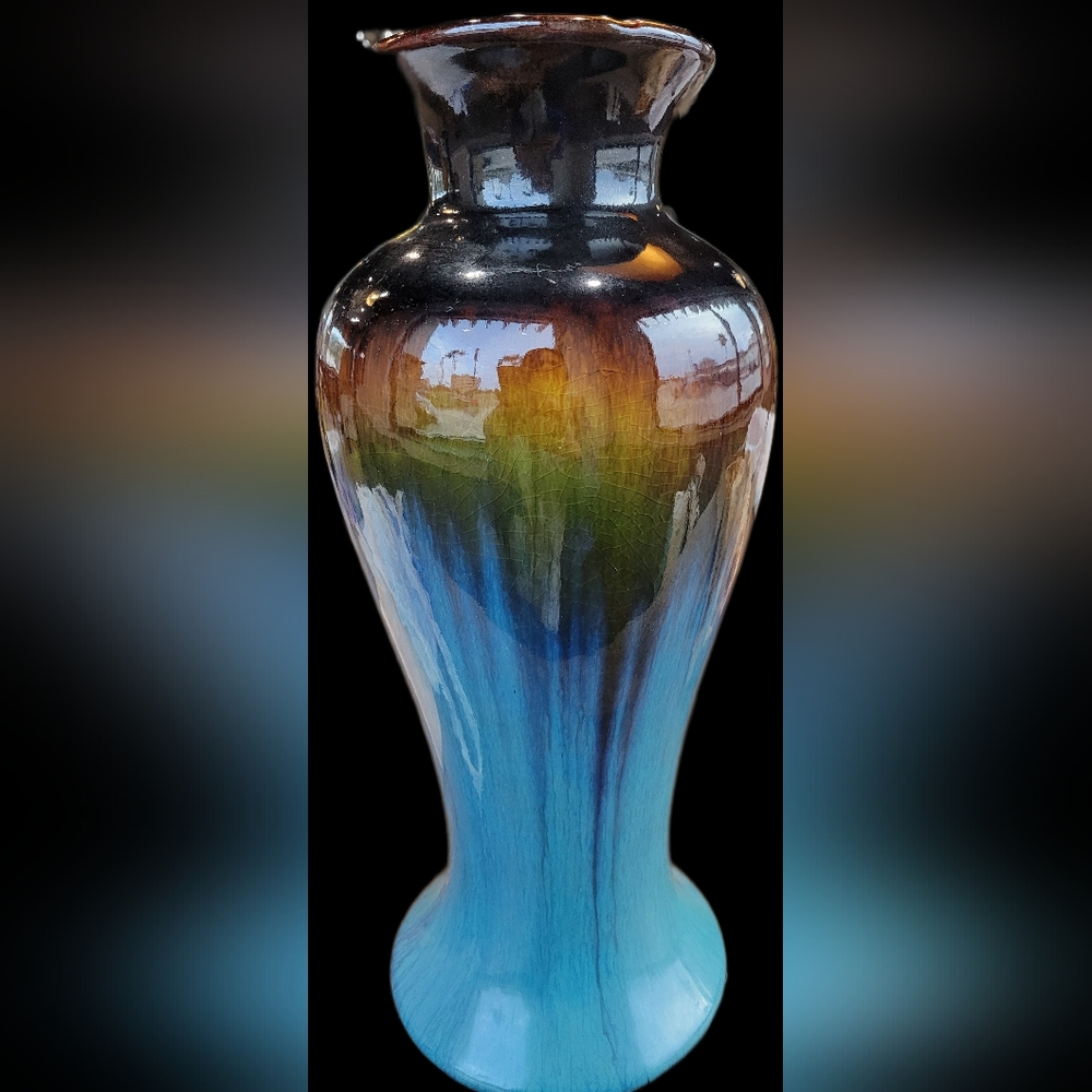 Elegant Multicolor Glazed Crackle Middle Heavy  Vase 16" Tall Apropos